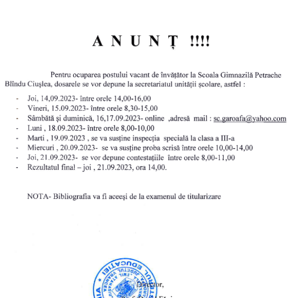 Anunț pentru ocuparea postului vacant de învățător la Școala Gimnazială Petrache Blîndu Ciușlea