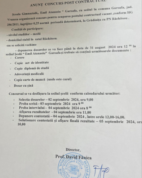 Anunț – Concurs – POST DE ÎNGRIJITOR – 0,25 norma